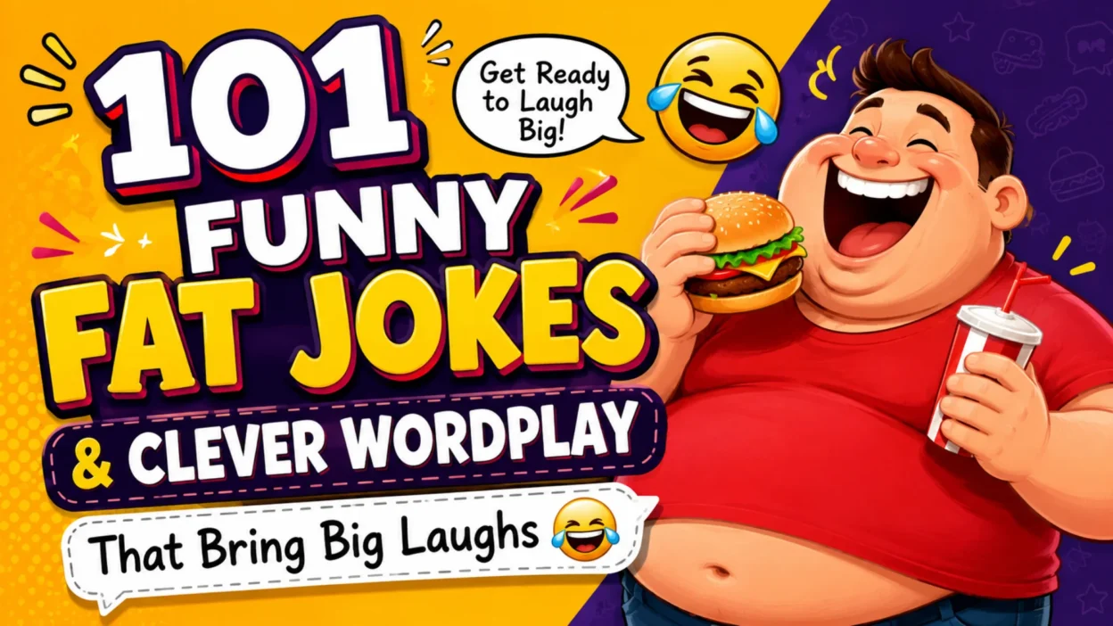 Colorful cartoon thumbnail featuring a laughing character holding a burger and drink with bold text reading “101 Funny Fat Jokes & Clever Wordplay That Bring Big Laughs.”
