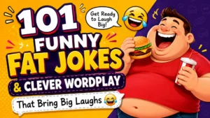 Colorful cartoon thumbnail featuring a laughing character holding a burger and drink with bold text reading “101 Funny Fat Jokes & Clever Wordplay That Bring Big Laughs.”