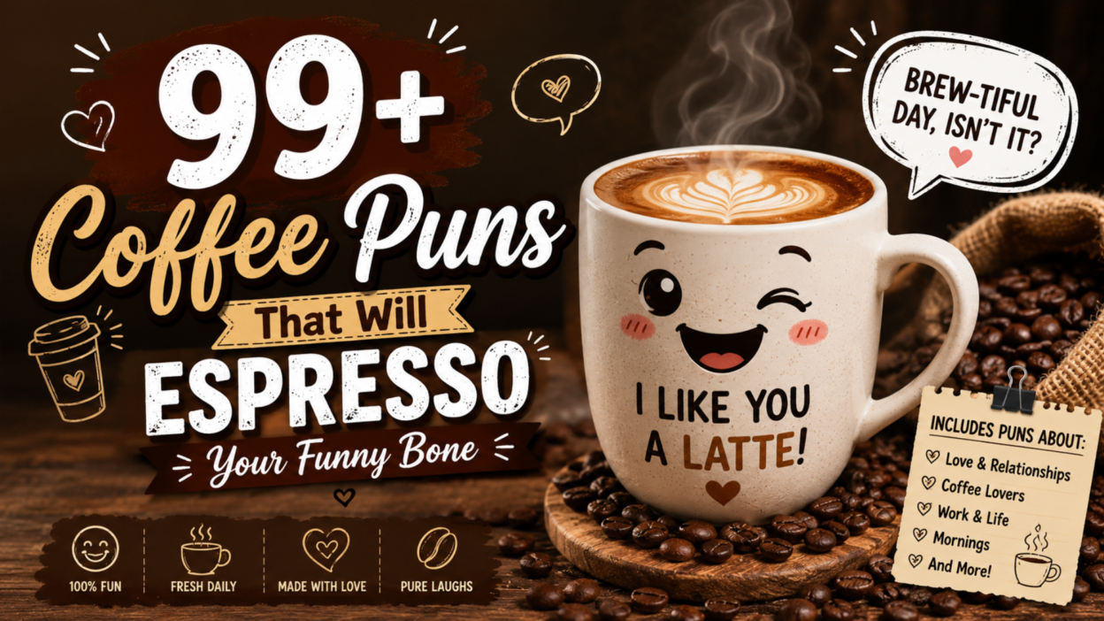 A cheerful coffee-themed graphic featuring a smiling latte mug surrounded by coffee beans with the headline "99+ Coffee Puns That Will Espresso Your Funny Bone" on a warm café-inspired background.