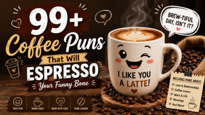 A cheerful coffee-themed graphic featuring a smiling latte mug surrounded by coffee beans with the headline "99+ Coffee Puns That Will Espresso Your Funny Bone" on a warm café-inspired background.