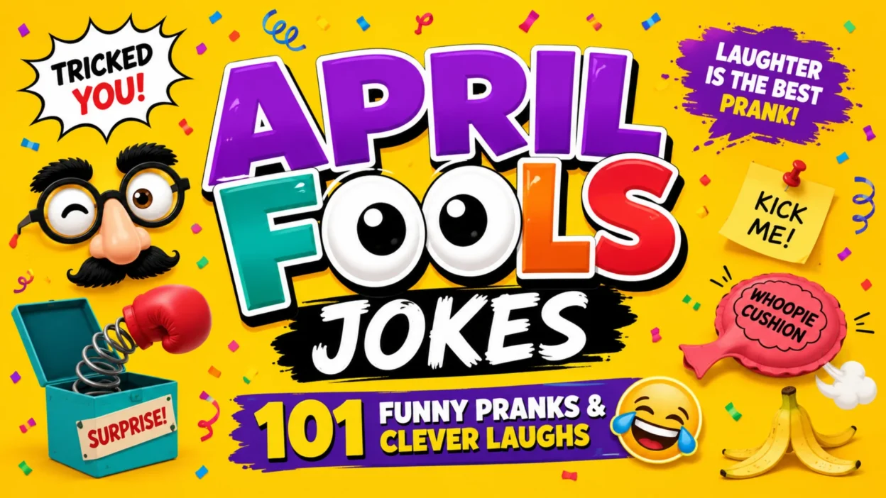 Colorful April Fools Day graphic featuring funny prank items, confetti, laughing emoji, whoopee cushion, banana peel, and bold text promoting 101 funny pranks and clever laughs.