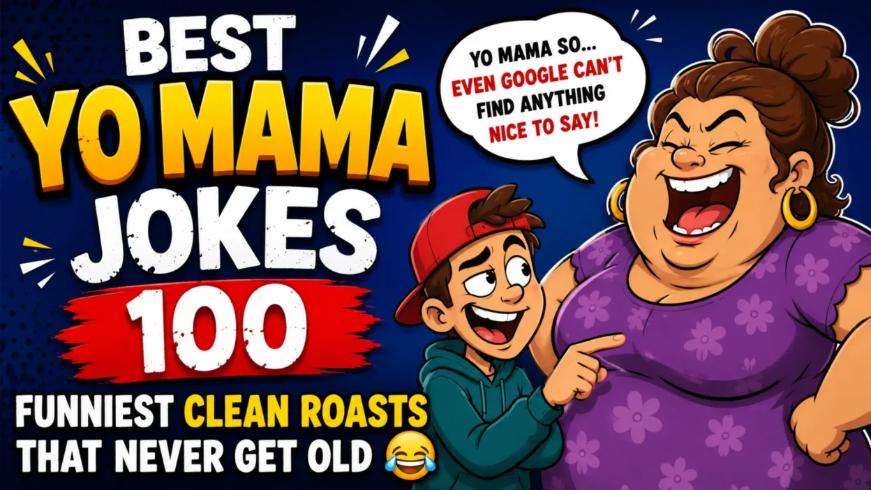 Funny cartoon thumbnail for Best Yo Mama Jokes 100 featuring a laughing mother character, a joking kid, bold colorful text, and a humorous clean roast speech bubble on a blue background.
