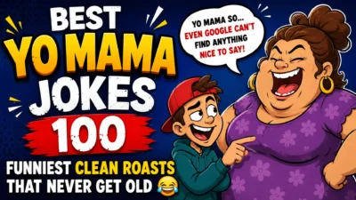 Funny cartoon thumbnail for Best Yo Mama Jokes 100 featuring a laughing mother character, a joking kid, bold colorful text, and a humorous clean roast speech bubble on a blue background.