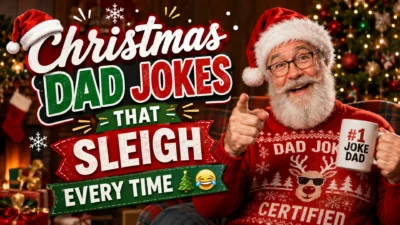 Smiling Santa-like dad in a festive Christmas sweater holding a joke mug beside colorful text reading “Christmas Dad Jokes That Sleigh Every Time,” with a decorated Christmas tree and cozy holiday lights in the background.