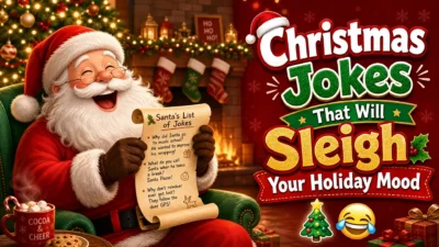 Funny Christmas jokes featuring Santa, reindeer, elves, holiday puns, and festive humor for family-friendly holiday laughs