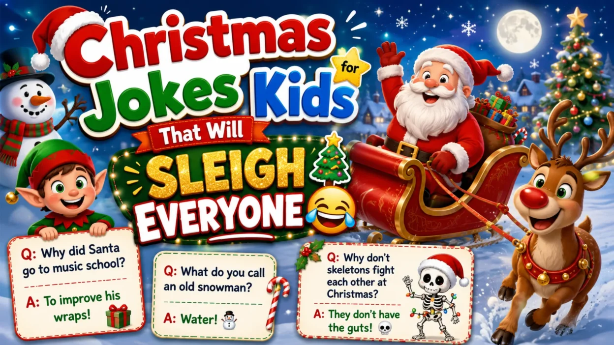Colorful Christmas-themed illustration featuring Santa Claus in a sleigh, a smiling reindeer, a cheerful elf, and a snowman surrounded by festive holiday decorations. The image promotes funny Christmas jokes for kids with a bright winter wonderland background.