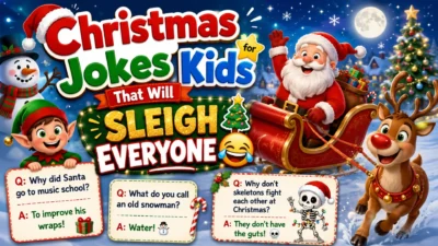 Colorful Christmas-themed illustration featuring Santa Claus in a sleigh, a smiling reindeer, a cheerful elf, and a snowman surrounded by festive holiday decorations. The image promotes funny Christmas jokes for kids with a bright winter wonderland background.