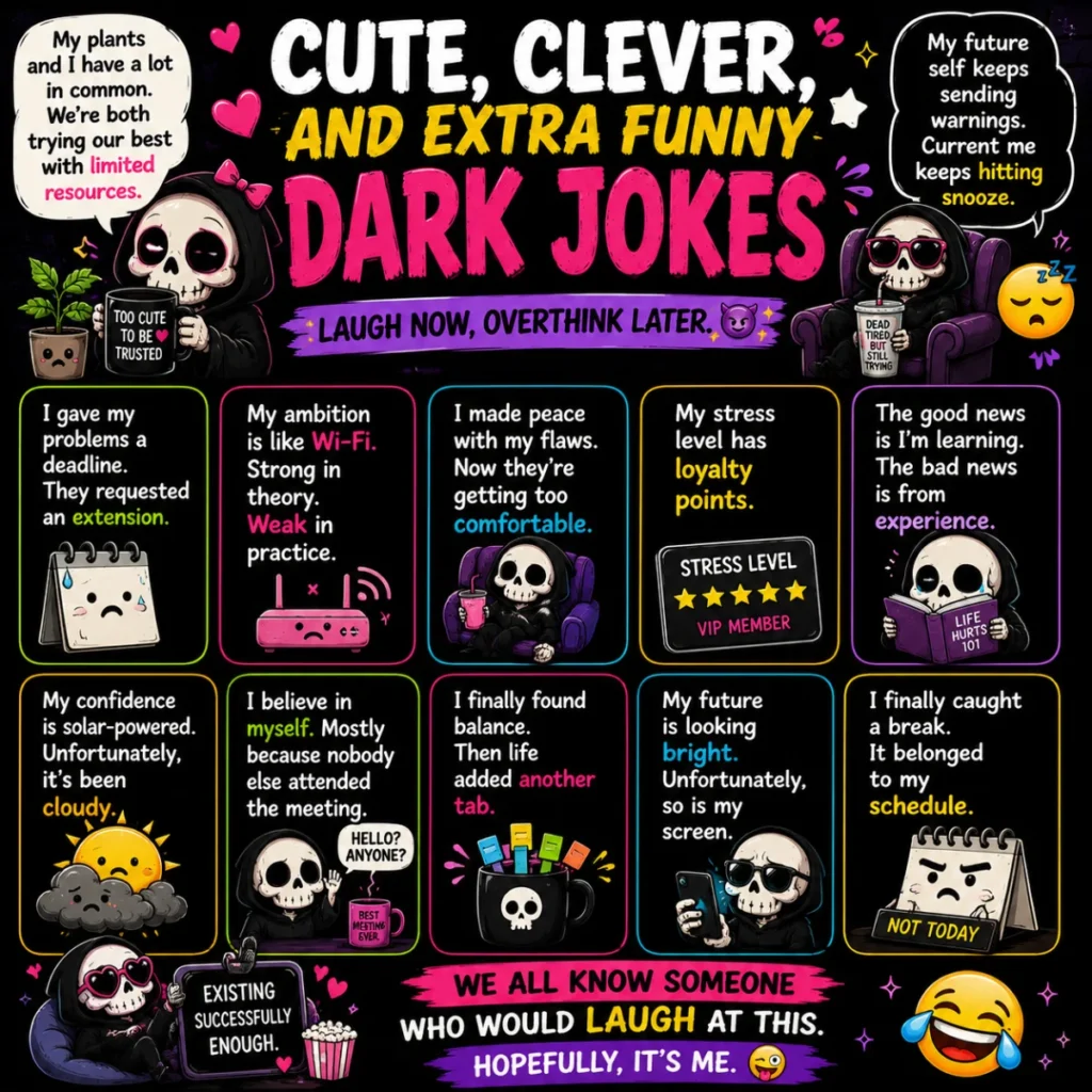 Colorful square dark humor graphic featuring cute cartoon skeleton characters, funny one-liner dark jokes, playful emojis, and vibrant comic-style illustrations with witty captions.