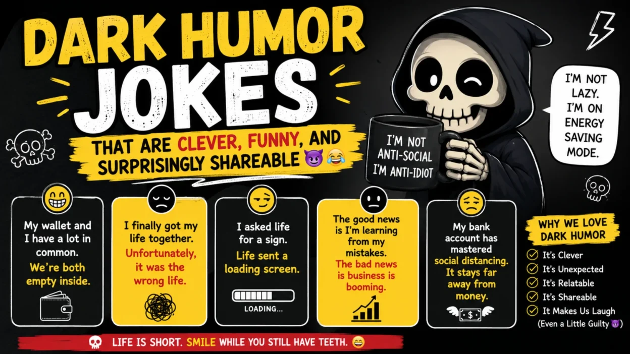Cartoon-style dark humor jokes poster featuring a smiling grim reaper holding a coffee mug, witty one-liners, funny joke cards, and bold typography on a black and yellow background.