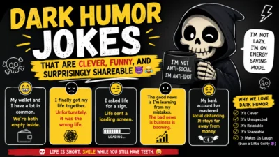 Cartoon-style dark humor jokes poster featuring a smiling grim reaper holding a coffee mug, witty one-liners, funny joke cards, and bold typography on a black and yellow background.