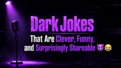 Dark humor themed banner featuring a clever dark jokes title with laughing and devil emojis, neon effects, and social media-inspired graphics.