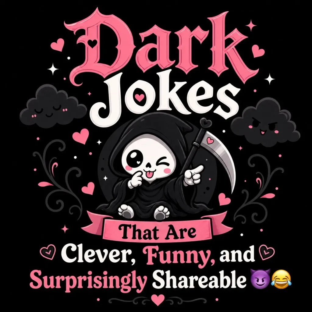 Modern dark jokes featured image showcasing clever humor, witty one-liners, laughing emoji, and playful comic-style graphics on a stylish dark background.