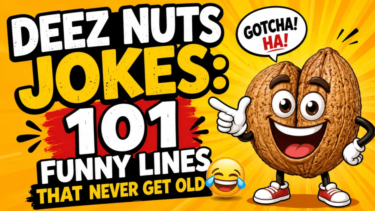 Funny Deez Nuts Jokes thumbnail featuring a smiling cartoon walnut mascot, bold comic-style text reading “Deez Nuts Jokes: 101 Funny Lines That Never Get Old,” bright yellow background, and laughing emoji.
