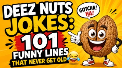 Funny Deez Nuts Jokes thumbnail featuring a smiling cartoon walnut mascot, bold comic-style text reading “Deez Nuts Jokes: 101 Funny Lines That Never Get Old,” bright yellow background, and laughing emoji.