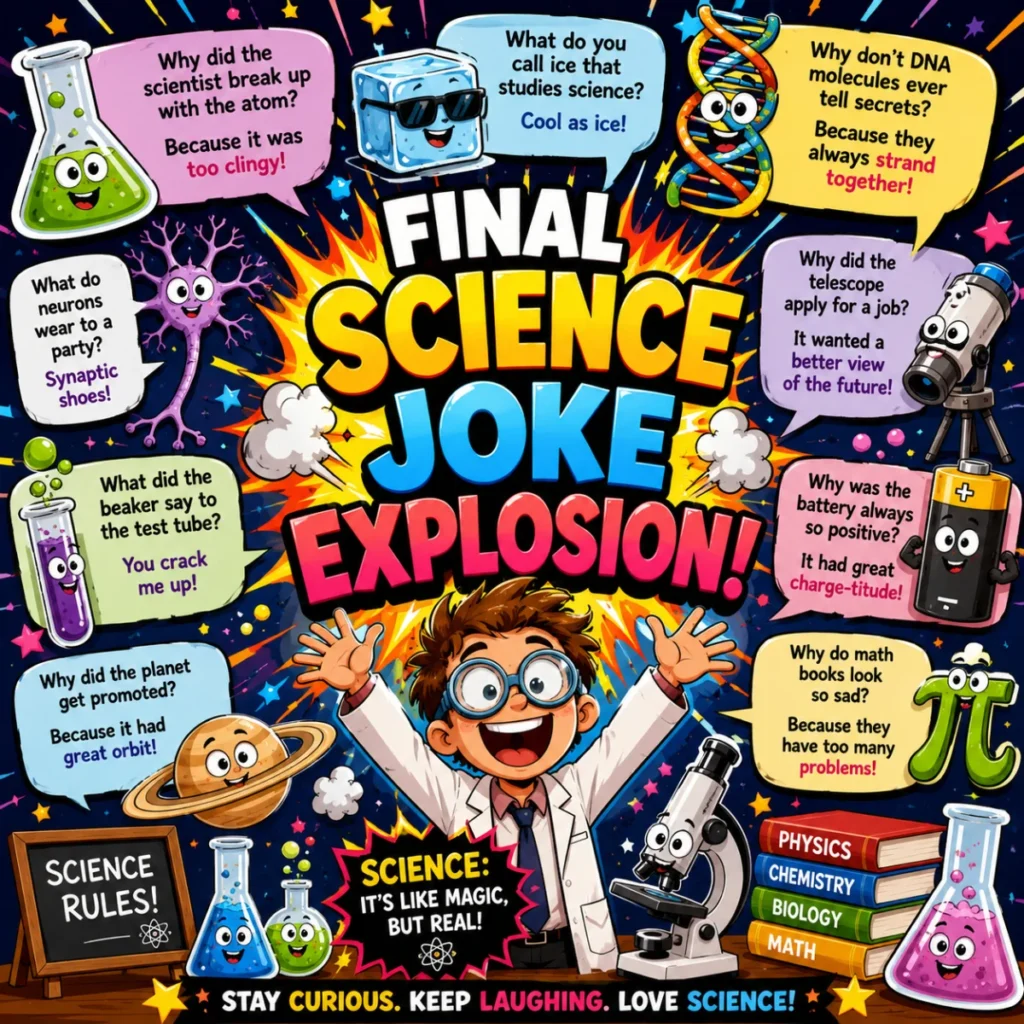A vibrant square cartoon illustration titled "Final Science Joke Explosion" featuring a joyful scientist surrounded by colorful science-themed characters, including DNA, atoms, test tubes, planets, neurons, microscopes, and speech bubbles filled with funny science jokes against a bright explosive comic-style background.