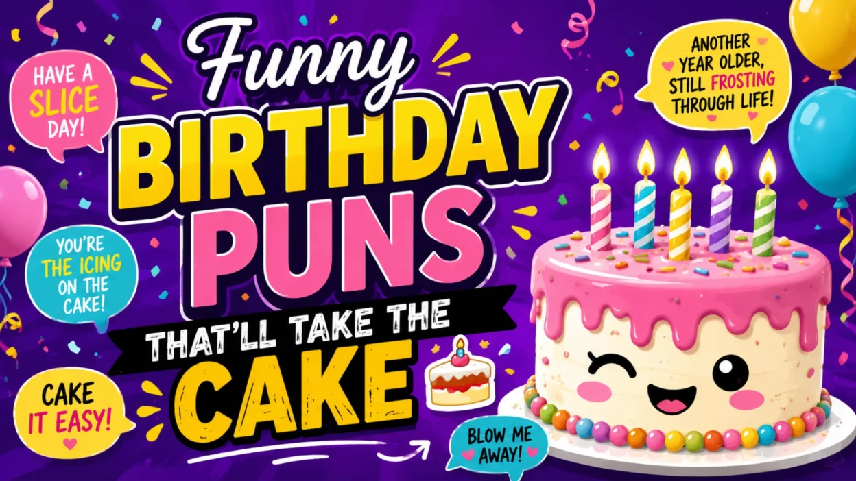 Colorful cartoon illustration featuring a smiling birthday cake with lit candles, balloons, confetti, and funny birthday puns on a vibrant purple background.
