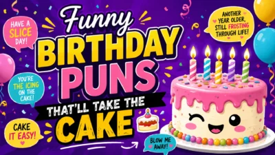 Colorful cartoon illustration featuring a smiling birthday cake with lit candles, balloons, confetti, and funny birthday puns on a vibrant purple background.