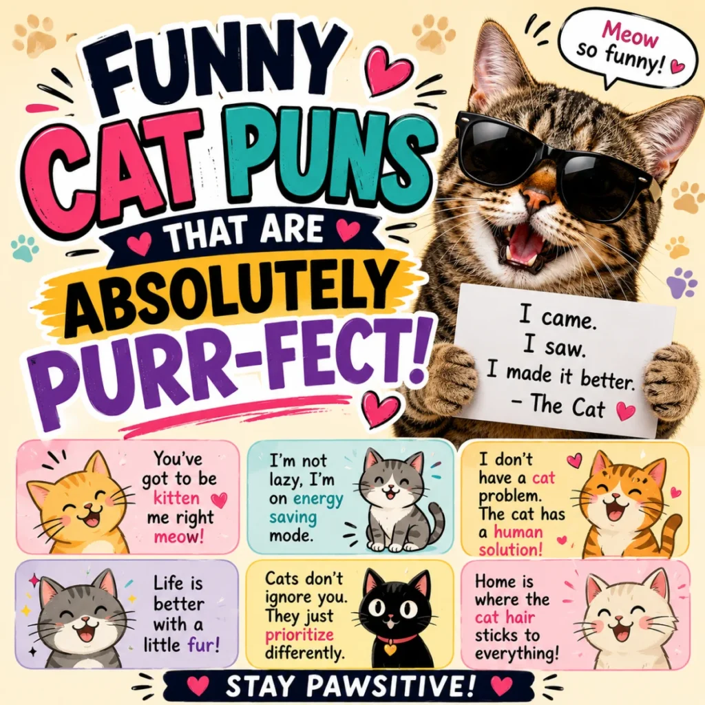 Funny cat wearing sunglasses holding a humorous sign beside colorful text featuring funny cat puns, cute cartoon cats, and playful feline jokes on a bright square graphic.