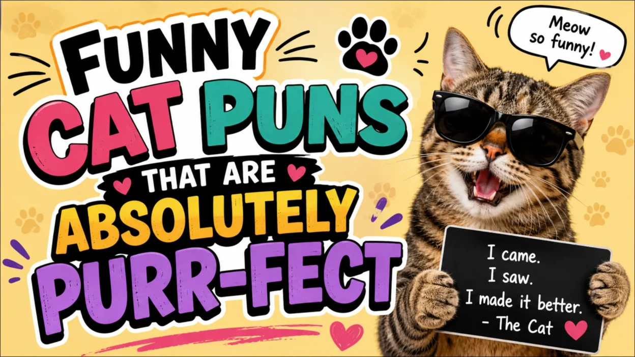 Funny cat wearing sunglasses holding a sign with a humorous quote beside colorful text reading "Funny Cat Puns That Are Absolutely Purr-fect" on a bright playful background.
