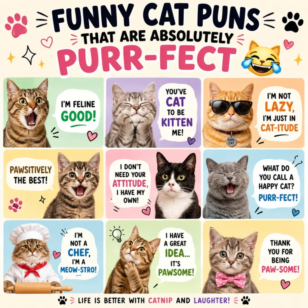 Colorful poster featuring cute cats with funny cat puns and playful speech bubbles saying purr-fect jokes.
