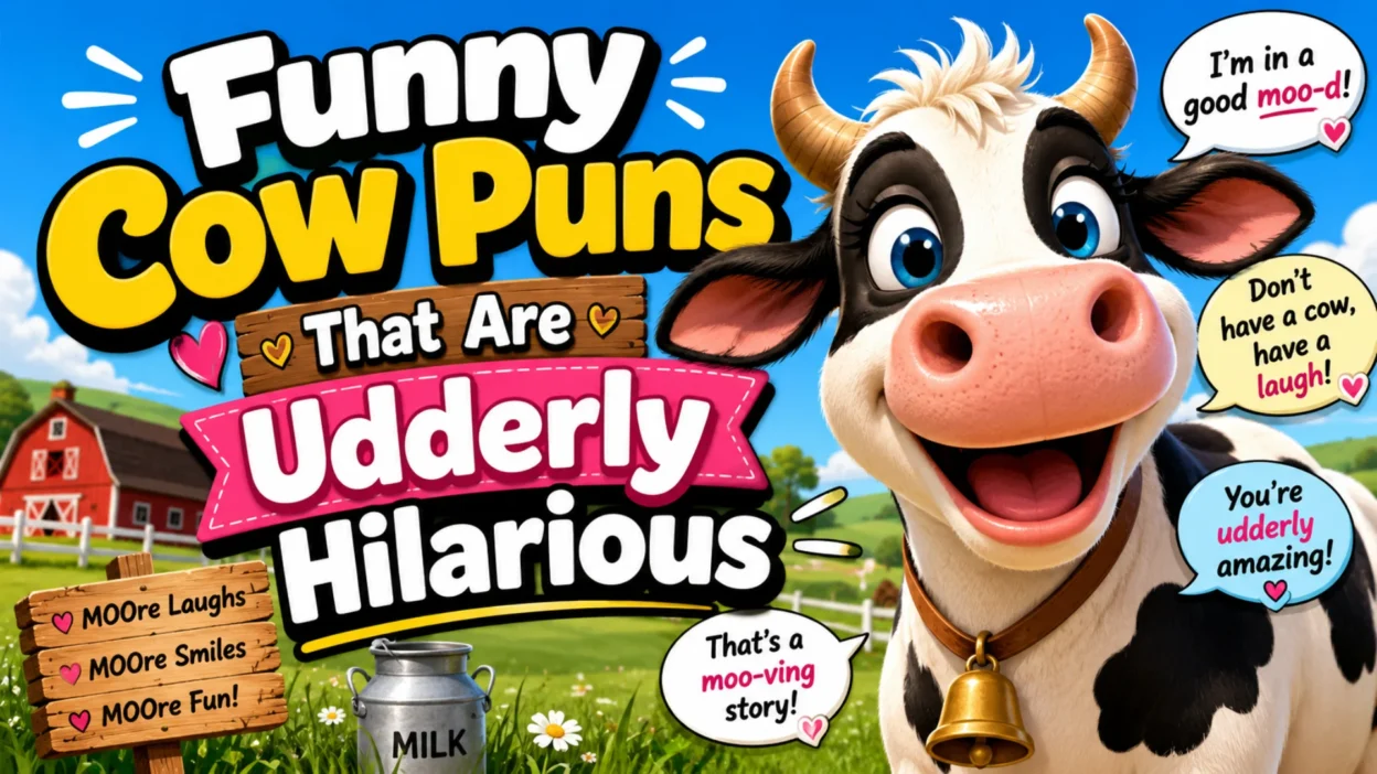A happy cartoon cow smiles on a sunny farm beside colorful text reading "Funny Cow Puns That Are Udderly Hilarious," with playful speech bubbles featuring funny moo-themed jokes and captions.