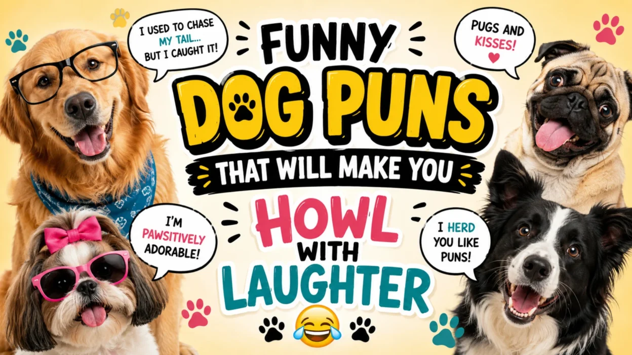 A colorful 1920x1080 graphic featuring four adorable dogs with funny accessories and speech bubbles sharing dog puns, alongside bold text that reads “Funny Dog Puns That Will Make You Howl with Laughter.”