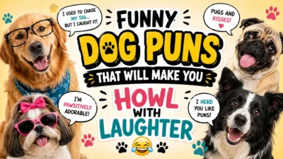 A colorful 1920x1080 graphic featuring four adorable dogs with funny accessories and speech bubbles sharing dog puns, alongside bold text that reads “Funny Dog Puns That Will Make You Howl with Laughter.”