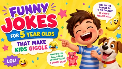 A bright and colorful cartoon-style illustration featuring a laughing young child, a happy dog, funny speech bubbles, cheerful emojis, and playful text promoting funny jokes for 5-year-olds that make kids giggle.
