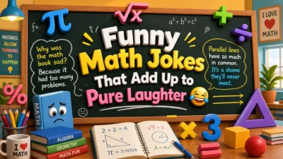 Colorful cartoon math classroom featuring smiling numbers, laughing equations, a cheerful calculator, and happy students enjoying funny math jokes.
