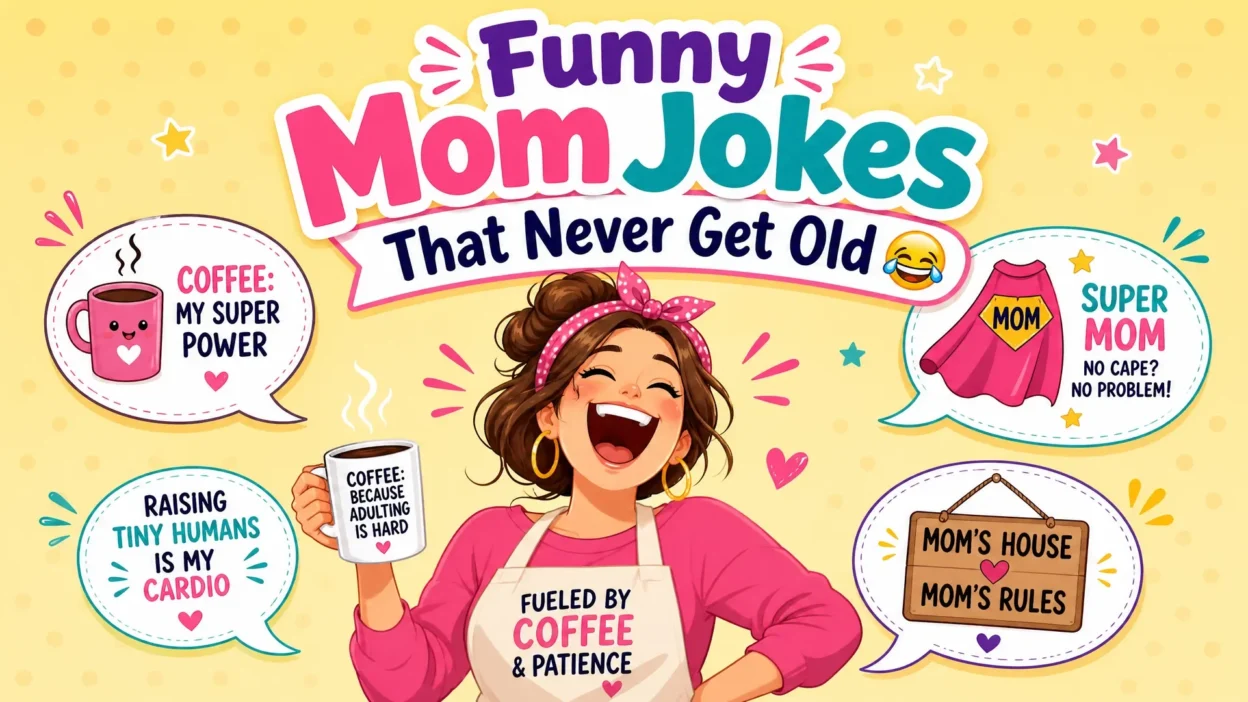 A vibrant, cartoon-style banner featuring a laughing mom surrounded by speech bubbles with jokes like "Coffee: My Super Power" and "Raising Tiny Humans is My Cardio."