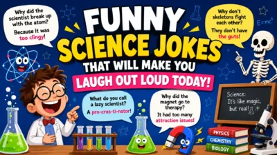 A colorful cartoon-style science-themed illustration featuring a cheerful young scientist in a lab coat, smiling lab equipment, a friendly skeleton, and playful science jokes. Large bold text reads, "Funny Science Jokes That Will Make You Laugh Out Loud Today!" against a vibrant blue background filled with chemistry, physics, and biology elements.
