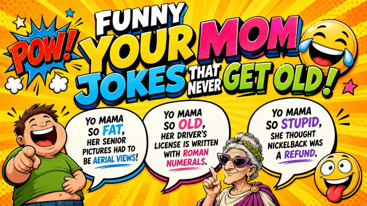 A vibrant, comic-style banner titled "Funny Your Mom Jokes That Never Get Old" featuring three speech bubbles with classic jokes and humorous cartoon characters on a bright yellow sunburst background.