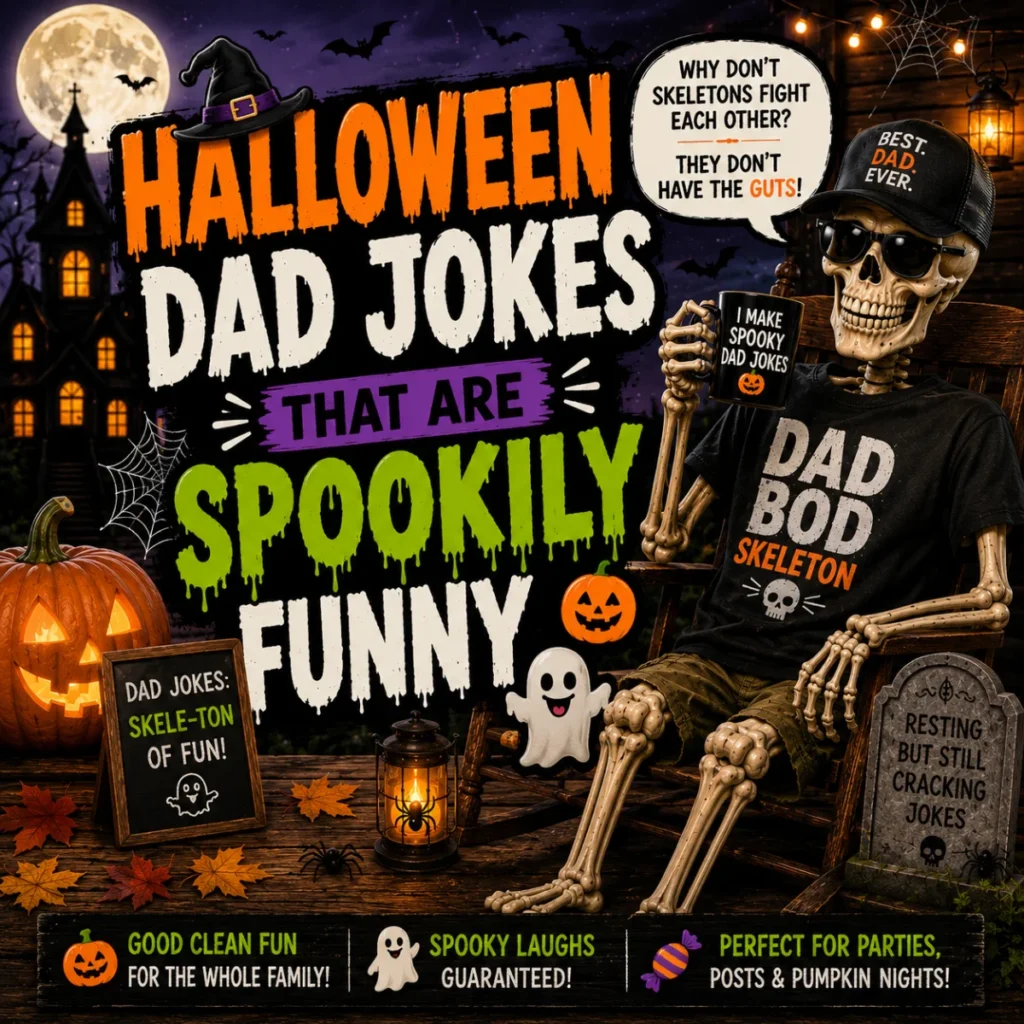 A colorful square Halloween graphic featuring a cool skeleton dad in sunglasses and a "Best Dad Ever" cap, sitting beside glowing pumpkins, a friendly ghost, a haunted house, bats, and bold lettering that reads "Halloween Dad Jokes That Are Spookily Funny."