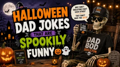 A spooky Halloween-themed illustration featuring a smiling skeleton dad wearing sunglasses and a "Best Dad Ever" cap, sitting in a rocking chair with pumpkins, bats, a full moon, haunted house, and funny Halloween dad joke text.