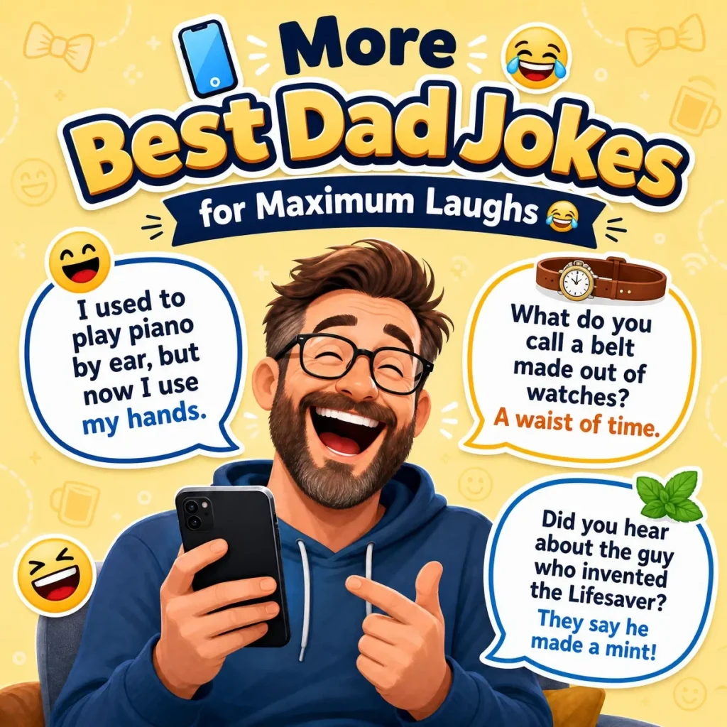 A colorful illustration featuring funny dad jokes and humorous family-friendly comedy quotes.