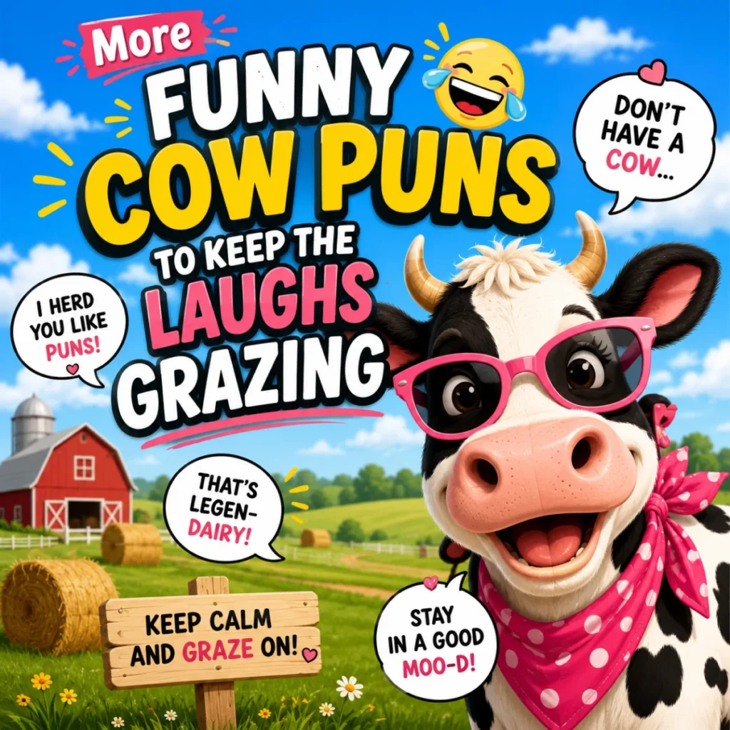 A smiling cartoon cow wearing pink sunglasses and a bandana stands in a sunny farm with colorful text reading "More Funny Cow Puns to Keep the Laughs Grazing," surrounded by playful moo-themed speech bubbles.