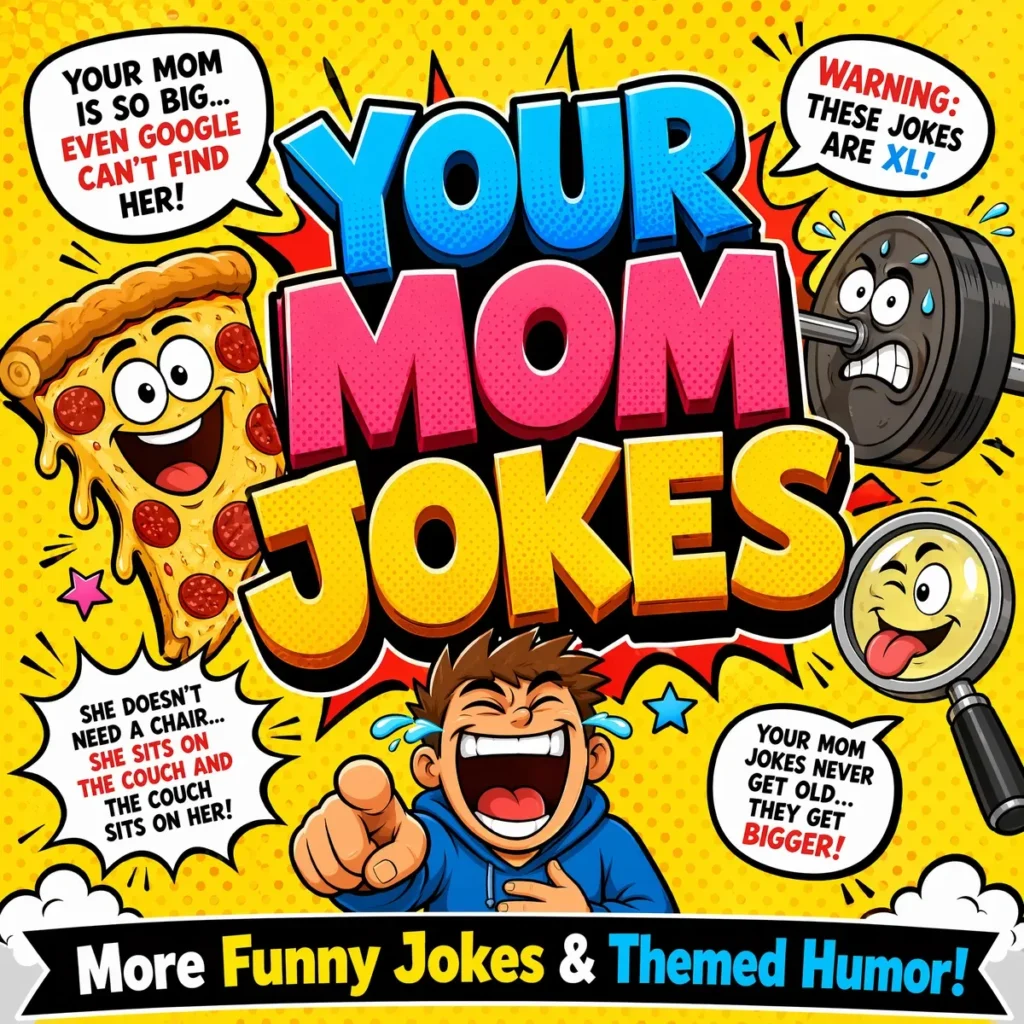 A vibrant, comic-style 1200x1200px banner featuring bold "YOUR MOM JOKES" text surrounded by funny illustrations like a pizza, a barbell, and a laughing character with humorous joke captions