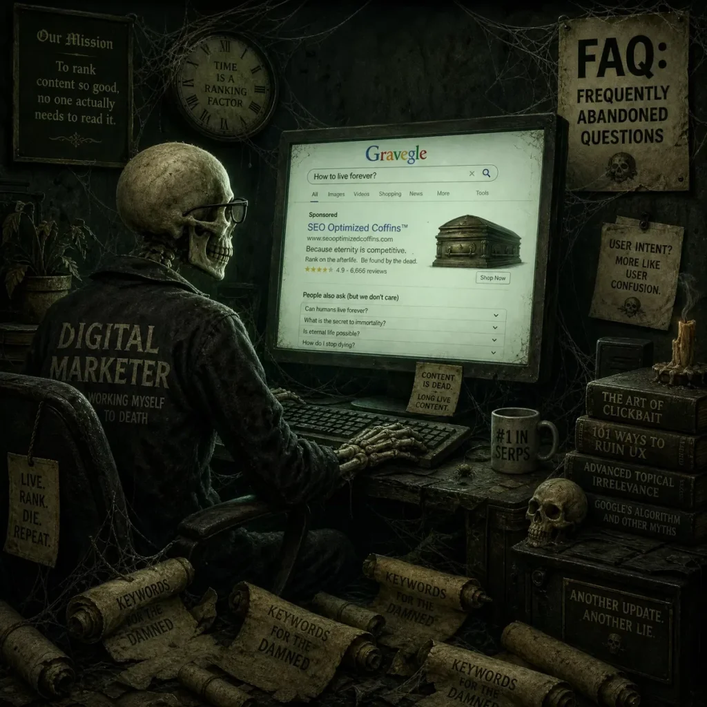 Humorous technology-themed graphic featuring smartphones, laptops, Wi-Fi icons, software updates, and witty dark humor jokes about modern digital life.