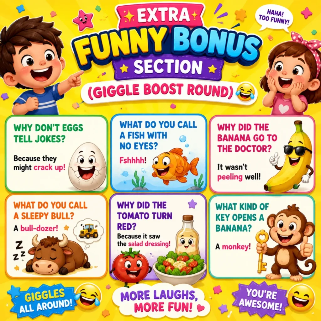 A colorful square cartoon graphic featuring happy children, smiling animals, silly joke cards, laughing emojis, and playful text labeled "Extra Funny Bonus Section (Giggle Boost Round)" designed to entertain young children.