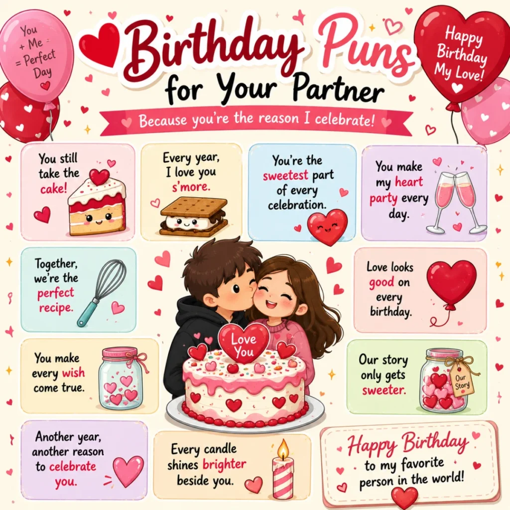 Cute square illustration of a happy couple celebrating with a birthday cake, hearts, balloons, and romantic birthday puns in a colorful cartoon style.