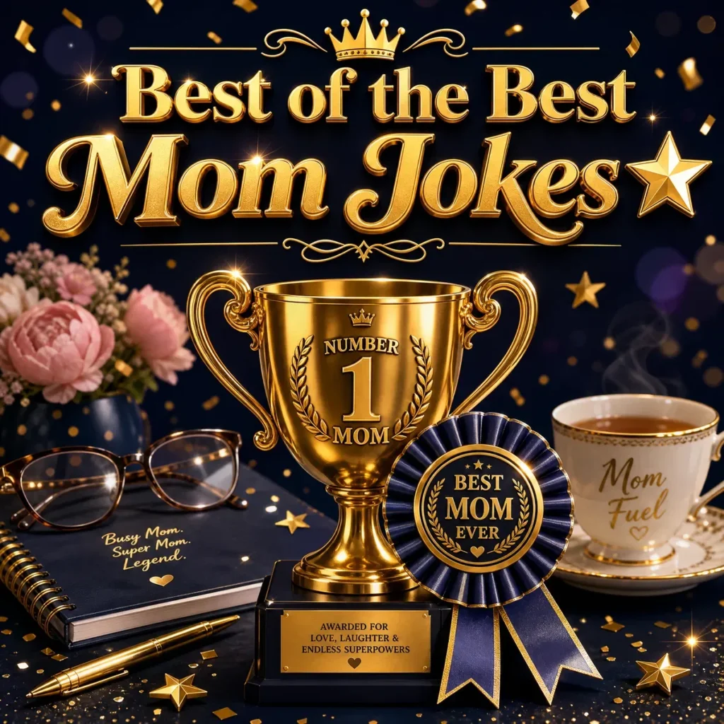A premium celebratory image featuring a golden "Number 1 Mom" trophy, a "Best Mom Ever" ribbon, and a teacup labeled "Mom Fuel" against a dark navy background with gold confetti.