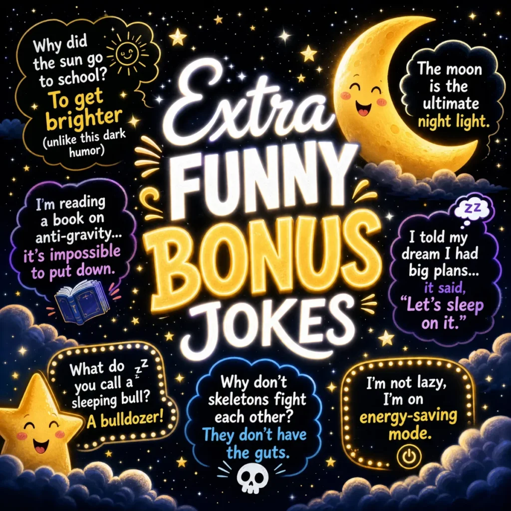 A whimsical 1200x1200px square banner with a deep black starry night background, featuring a smiling crescent moon and the title "Extra Funny Bonus Jokes" in glowing yellow and white text, surrounded by several illustrated jokes.