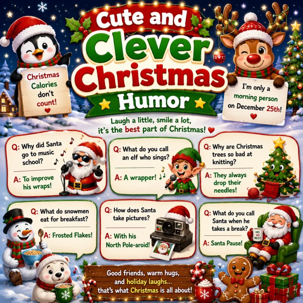 Festive Christmas cartoon featuring Santa Claus, a smiling reindeer, cheerful snowman, playful elf, gingerbread cookie, and funny holiday jokes displayed in colorful speech bubbles against a snowy winter background