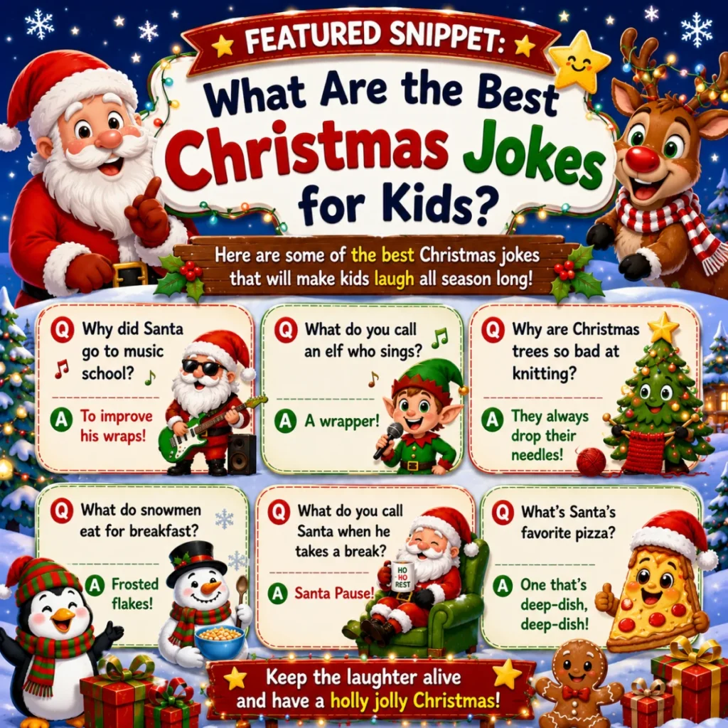 Colorful Christmas infographic featuring Santa Claus, Rudolph the reindeer, penguins, a snowman, gingerbread cookie, and kid-friendly Christmas jokes displayed in festive panels against a snowy holiday background.