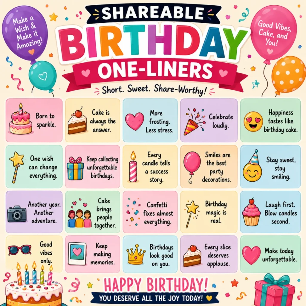 Colorful square infographic featuring festive birthday one-liners with a birthday cake, balloons, confetti, candles, gifts, and cheerful cartoon icons.