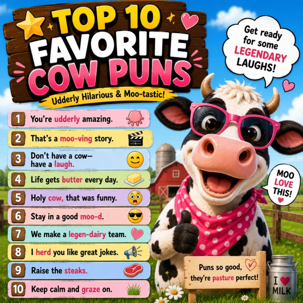 A cheerful cartoon cow wearing pink sunglasses stands on a sunny farm beside a colorful list of the Top 10 favorite cow puns, featuring funny moo jokes, playful speech bubbles, and bright farm-themed graphics.