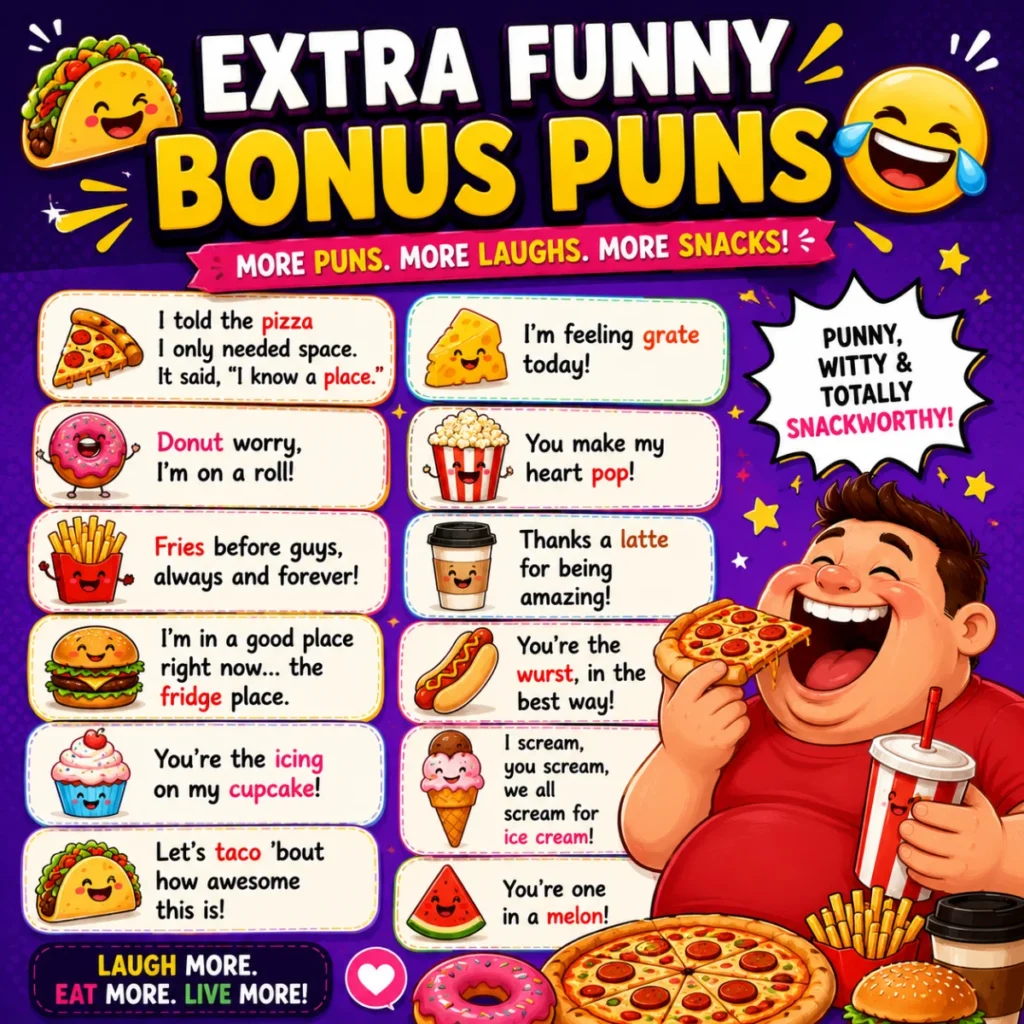 Colorful square poster featuring funny food puns with cartoon tacos, pizza, donuts, fries, burgers, and a laughing character enjoying pizza and a soft drink.