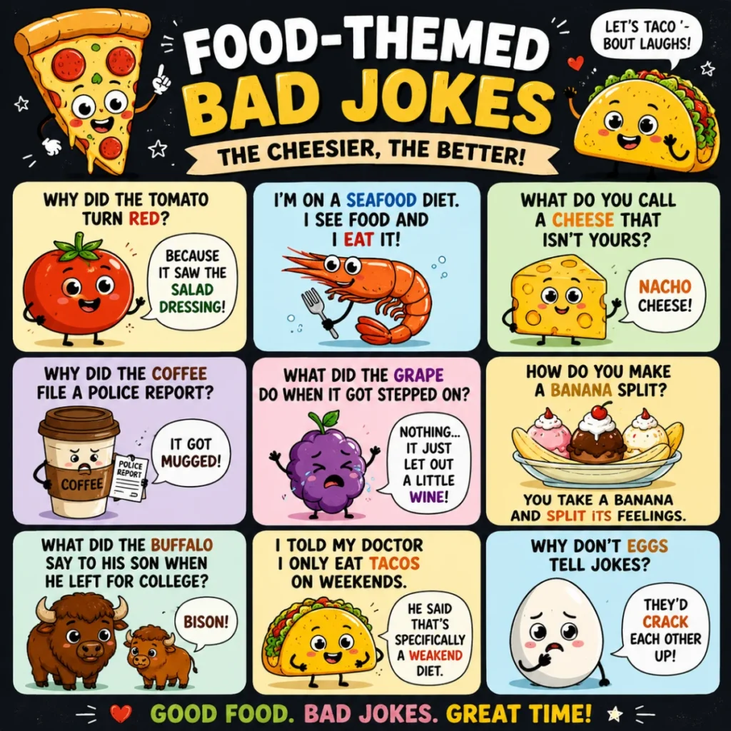 Food-themed bad jokes poster featuring funny pizza, taco, cheese, banana, grape, coffee, and egg characters with cheesy puns and colorful cartoon illustrations.