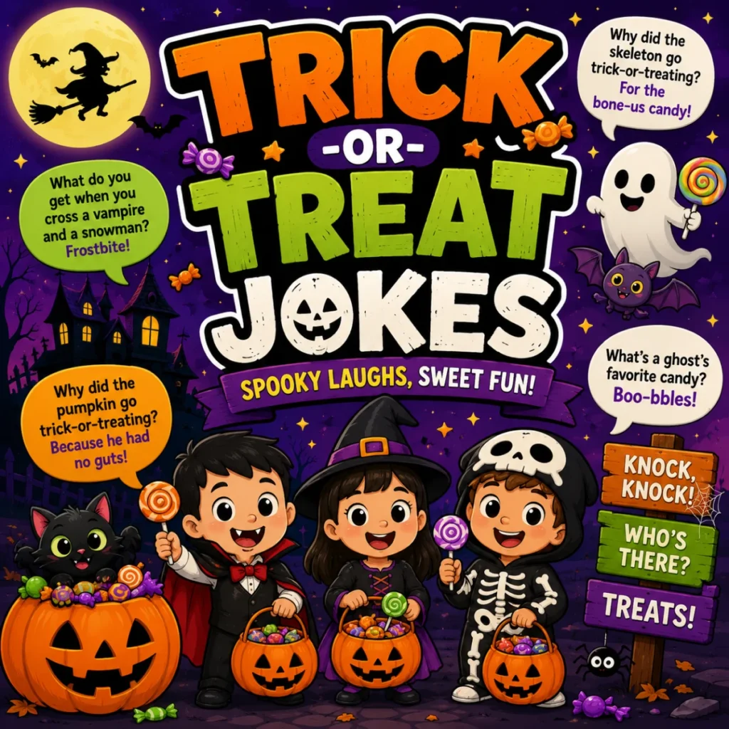 Colorful square Halloween poster featuring children in costumes trick-or-treating with pumpkin candy buckets, surrounded by smiling pumpkins, a friendly ghost, a black cat, candy, bats, and funny Halloween jokes under the title “Trick-or-Treat Jokes.”