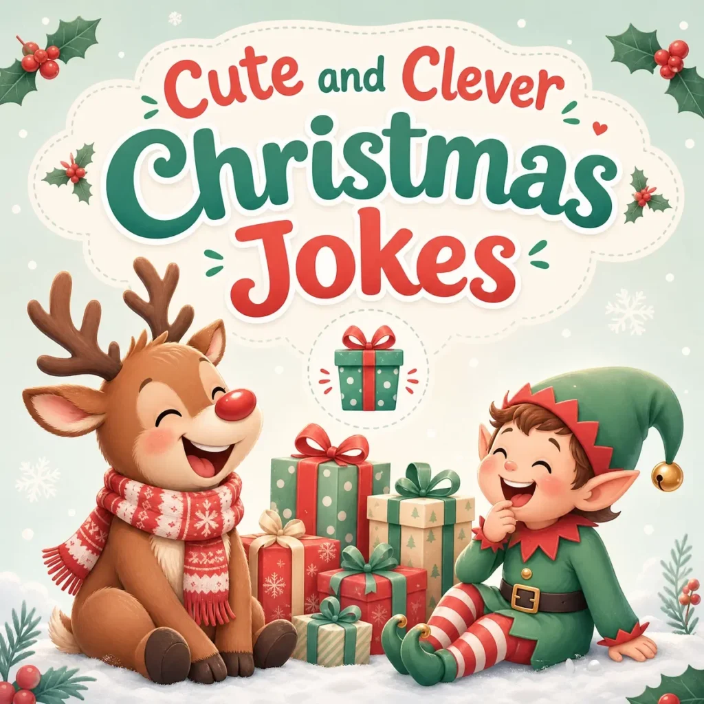 Collection of funny Christmas jokes featuring Santa Claus, reindeer, elves, Christmas trees, and festive holiday humor.